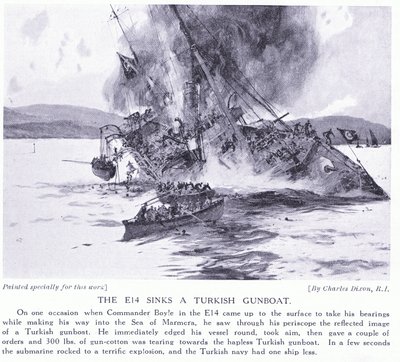 El E14 hunde un cañonero turco en el Mar de Mármara, 1915 de Charles Edward Dixon